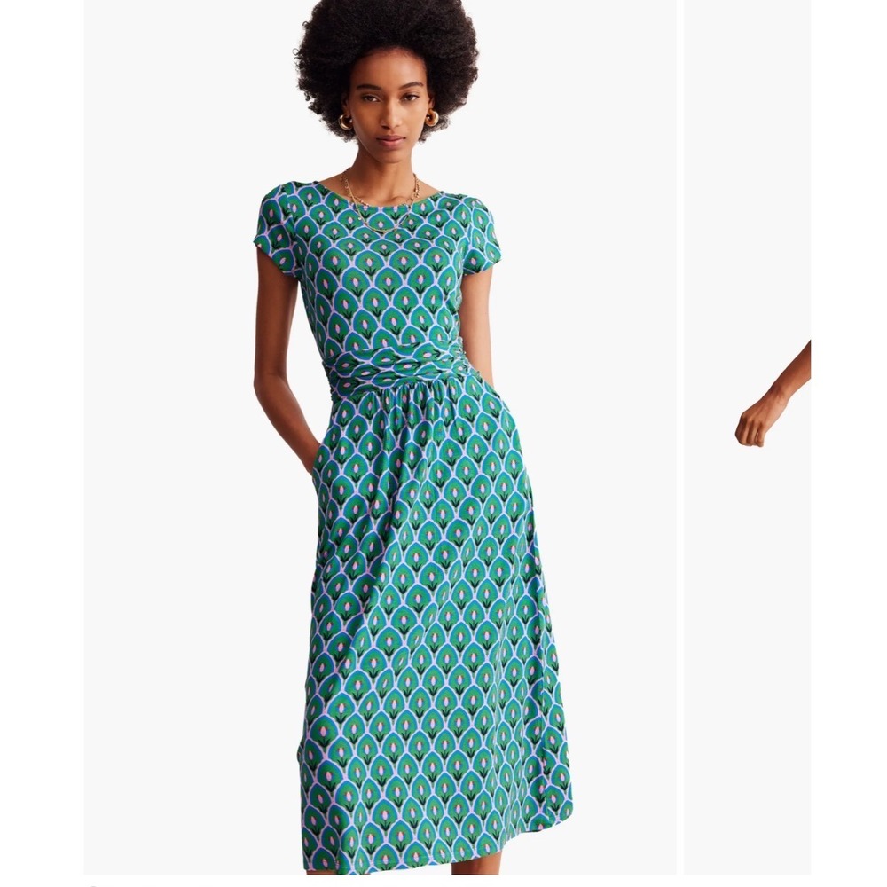 Boden Amelie Tulip Print Midi Dress 10P Green Pink Ruched Waist Stretch Petite